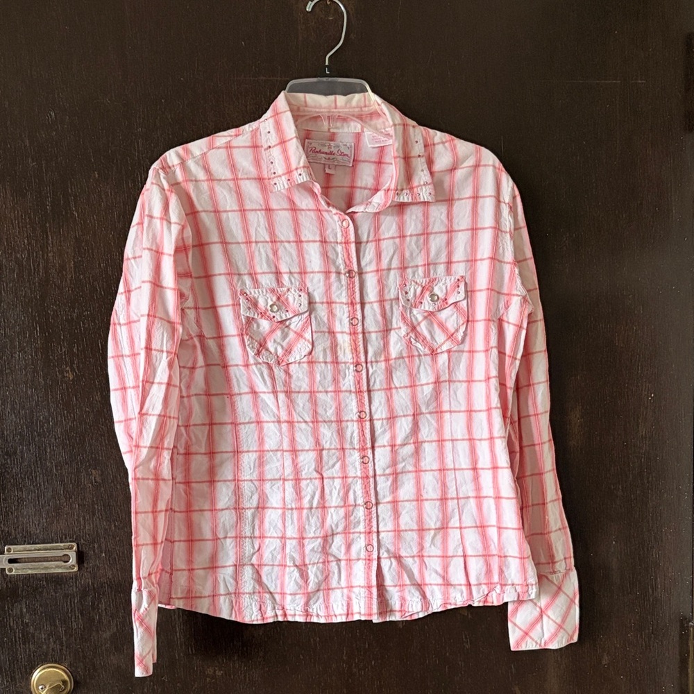 Panhandle Slim Pink plaid pearl snap button shirt with pink mini studs Size L